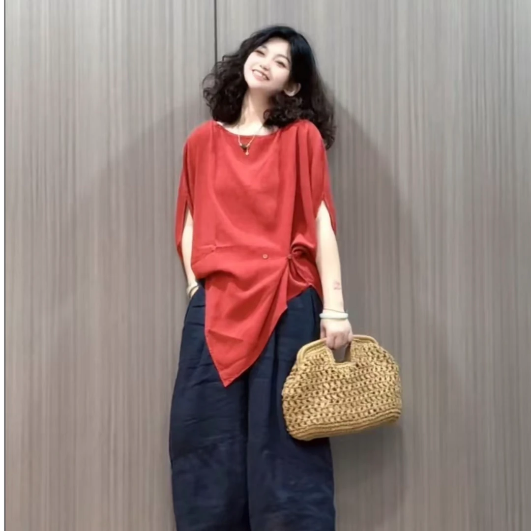 【若汐女装2026】夏季宽松休闲百搭慵懒风设计款斜蝙蝠袖上衣80500