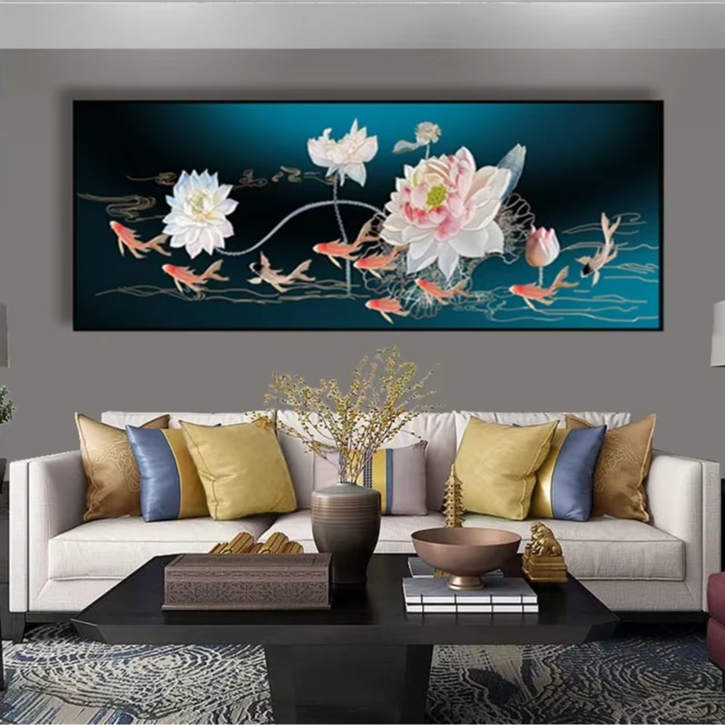 横幅九鱼图简约轻奢沙发背景墙横幅客厅挂画定制现代装饰画70*200