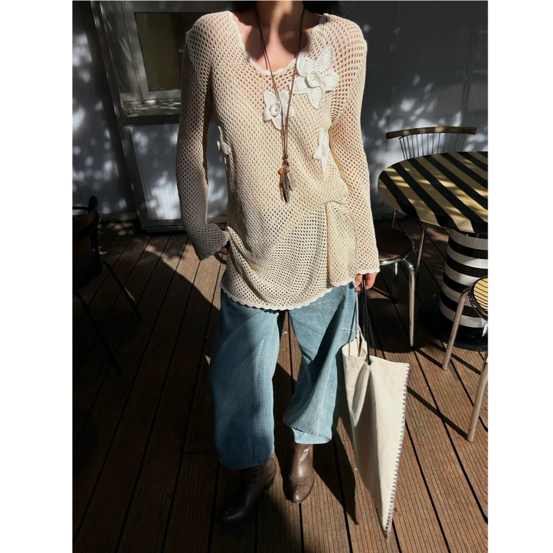 2025简约法式U领镂空花边针织钩针花朵宽松时尚长袖裙