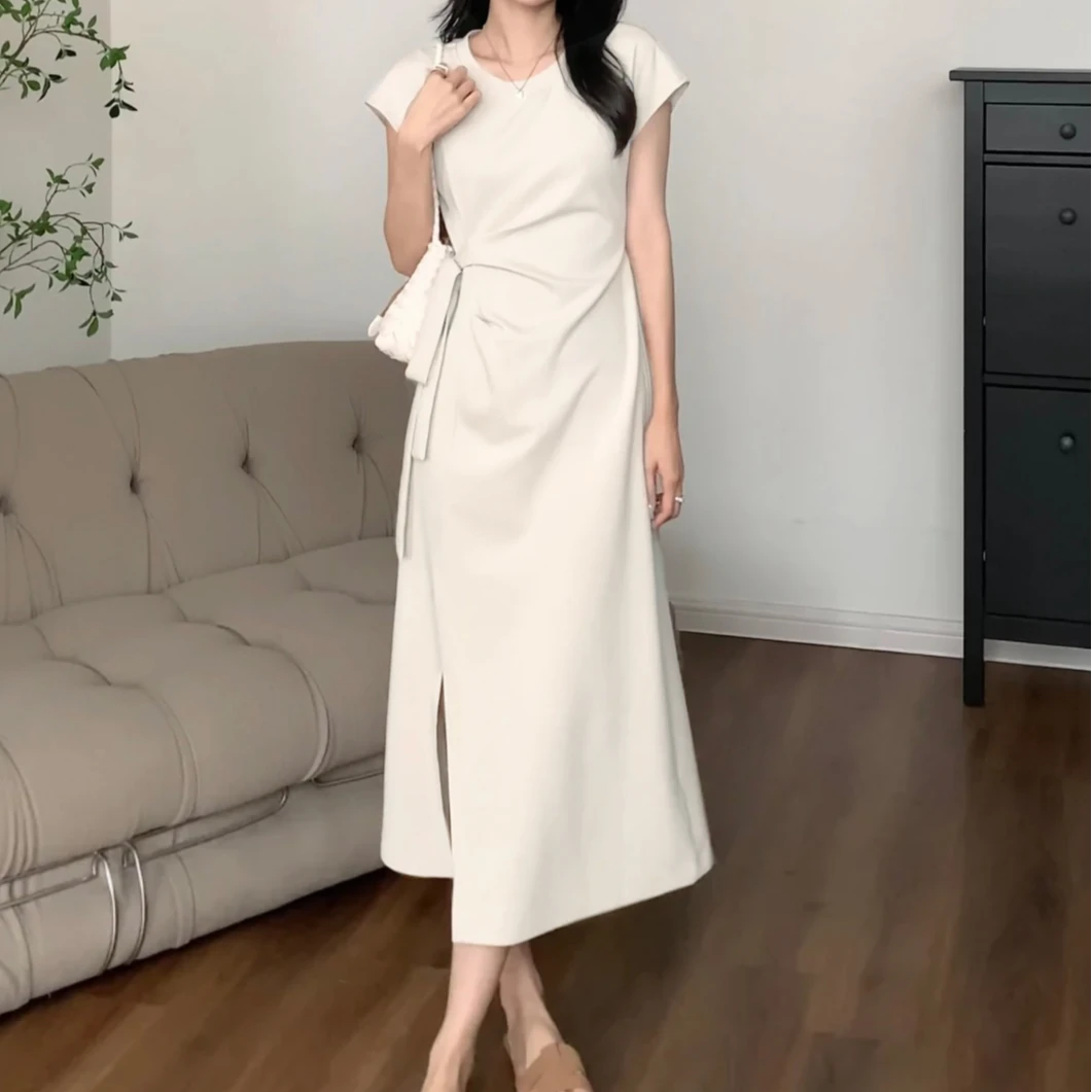 气质小众法式设计感拼接显瘦圆领造型感褶皱收腰时尚连衣裙447C