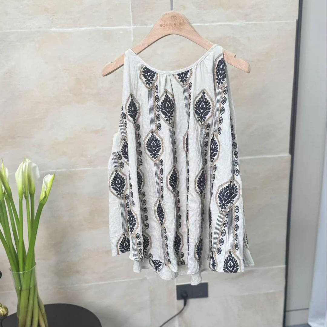 宽松型简约风民族风法式背心重工白色无袖夏季百搭宽松