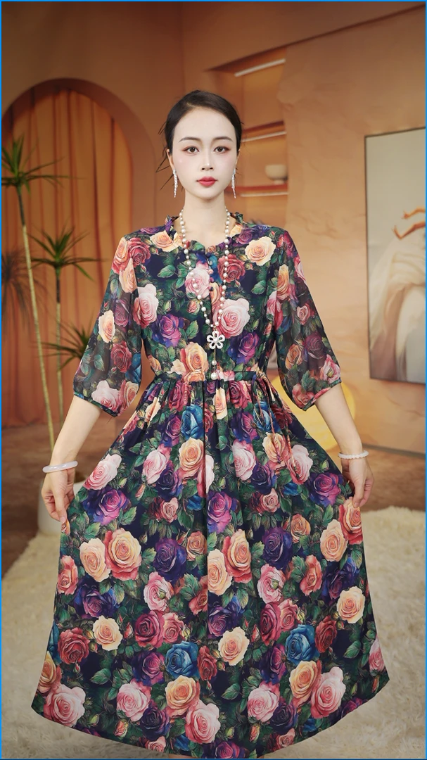 专柜浪漫玫瑰品质感法式设计气质时尚春夏薄款中长款连衣裙子女