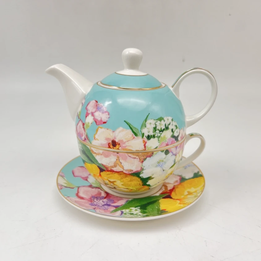 【奇居铜饰】油画的春天新骨瓷子母壶茶具套装下午茶子母壶蓝色