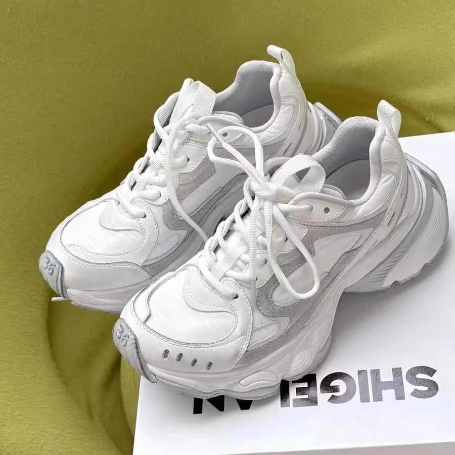 诗歌兰真皮女鞋2025春款新品厚底轻便百搭系带运动鞋休闲鞋老爹鞋