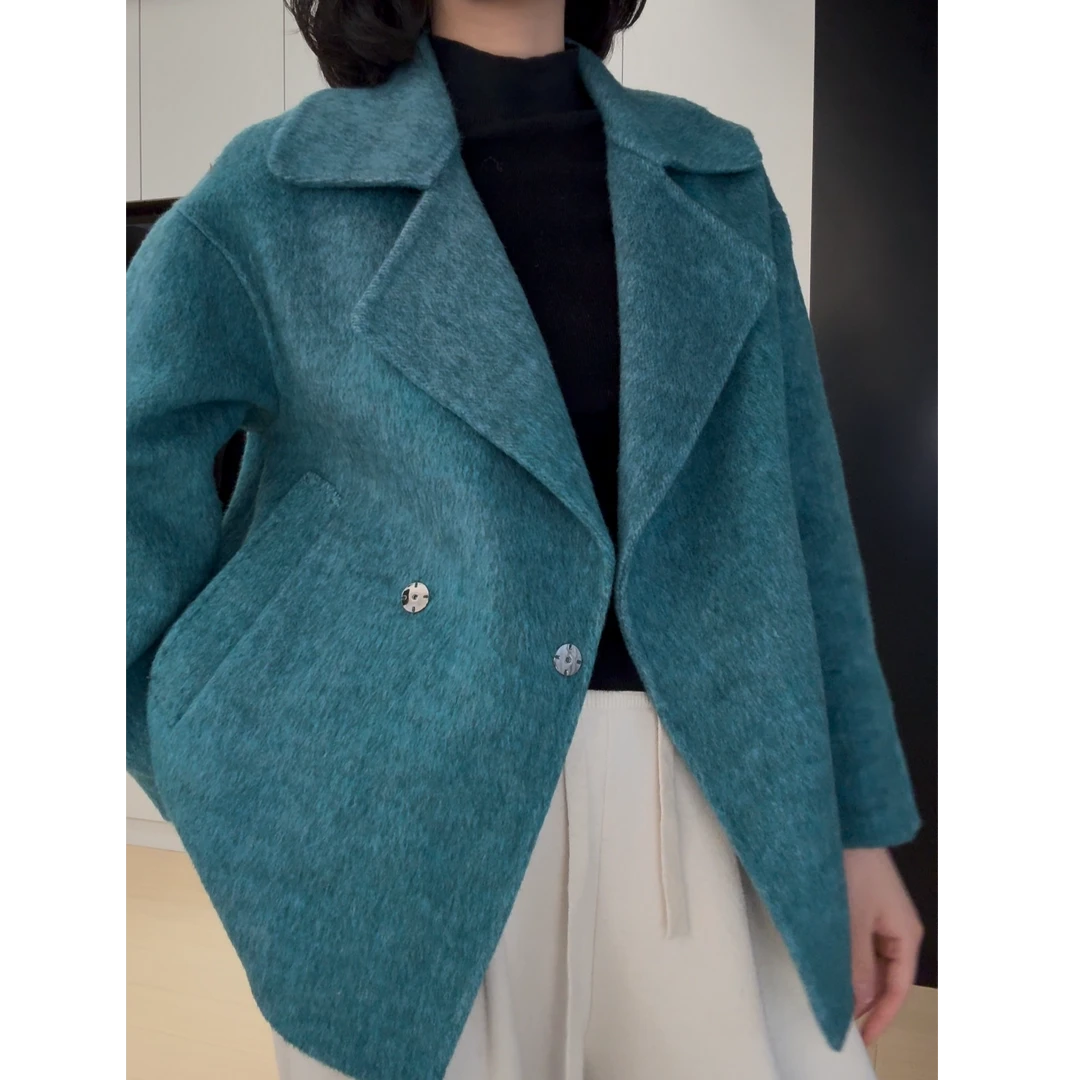 韩系轻奢短款气质宽松百搭春款双面羊毛大衣外套女