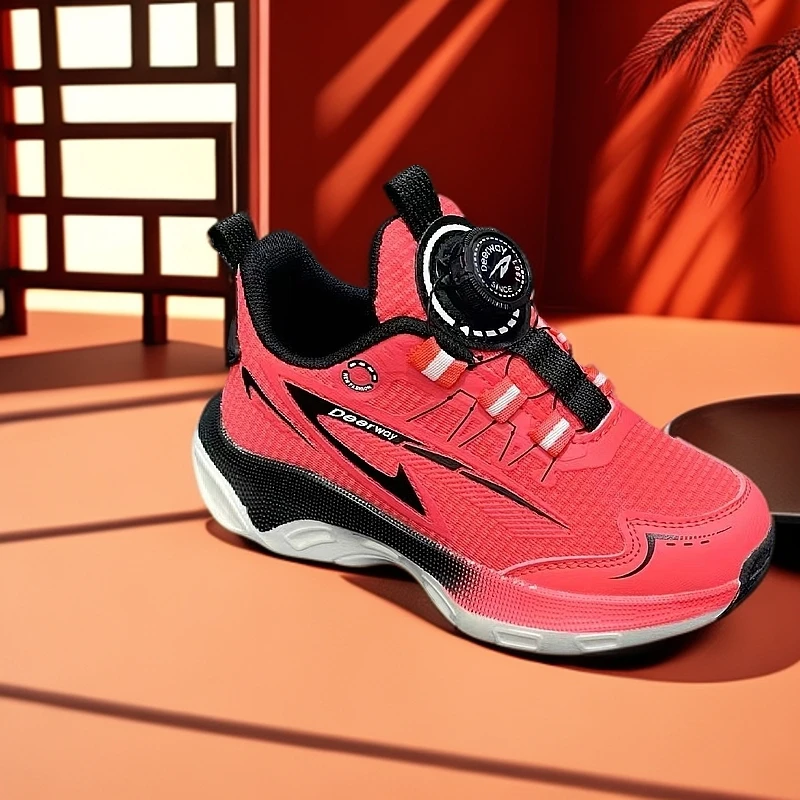 【中国红】德尔惠透气新款超轻软底双网跑鞋中大童网面跑步鞋儿童