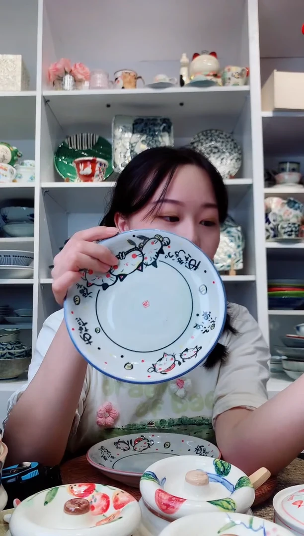 陶瓷【孤品】蓝色三福猫盘子