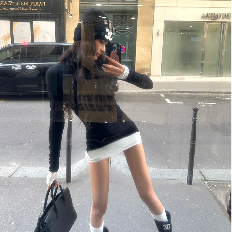 假两件长袖打底德绒女秋冬内搭小个子修身显瘦拼接撞色T恤潮上衣