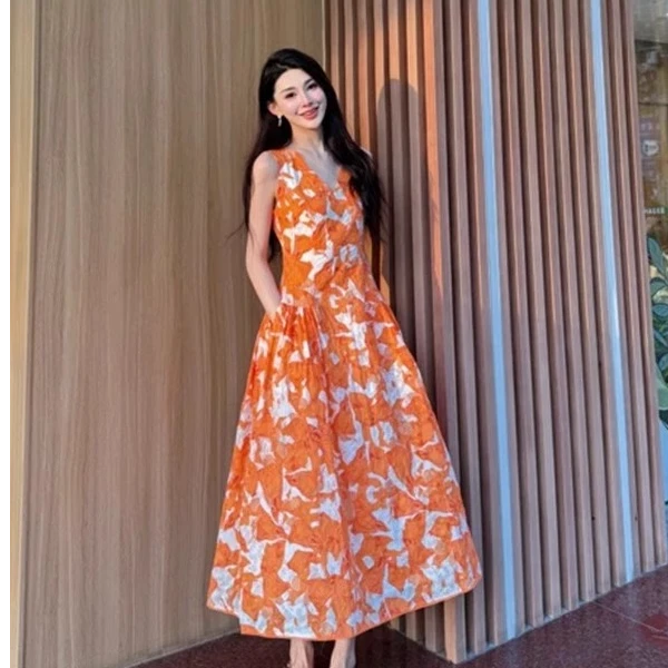 【商场同款】2025春夏款法式度假风荷叶边印花收腰连衣长裙150029