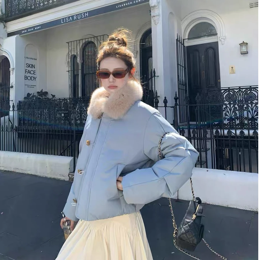 卡斯托镇 两色狐狸毛领90白鸭绒羽绒i服通勤显瘦韩系短款外套冬季