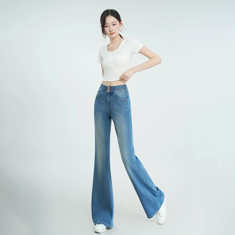 2025新款两粒扣高腰微喇牛仔女裤薄款清凉透气高奢时尚舒适873
