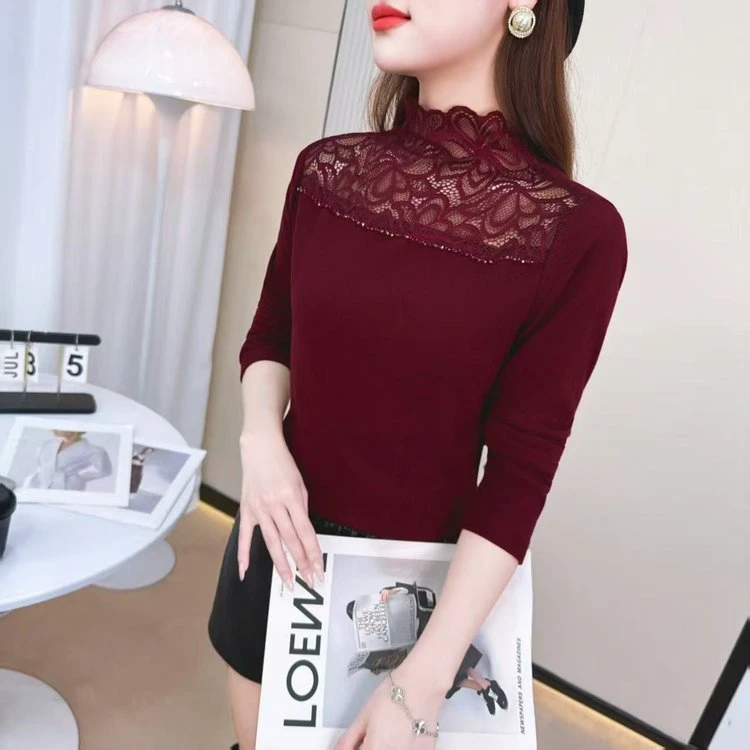 德绒保暖衣蕾丝打底衫长袖半高领女神衣百搭上衣t恤女士修身女装