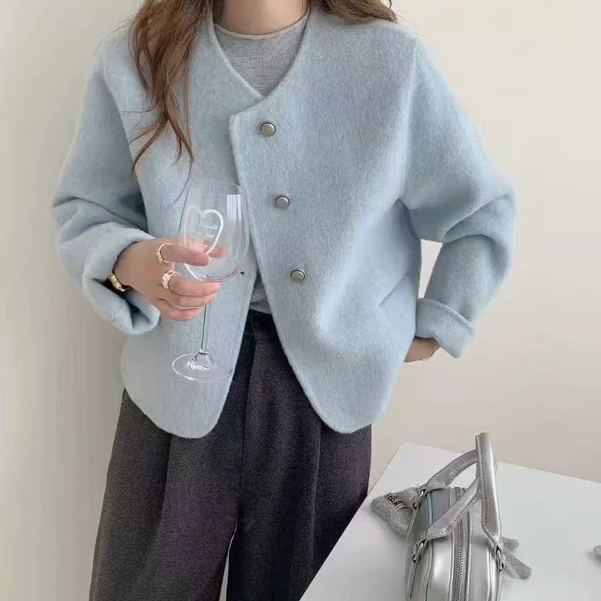 2025年新款小香风双面羊绒大衣女短款气质韩版圆领羊毛呢外套