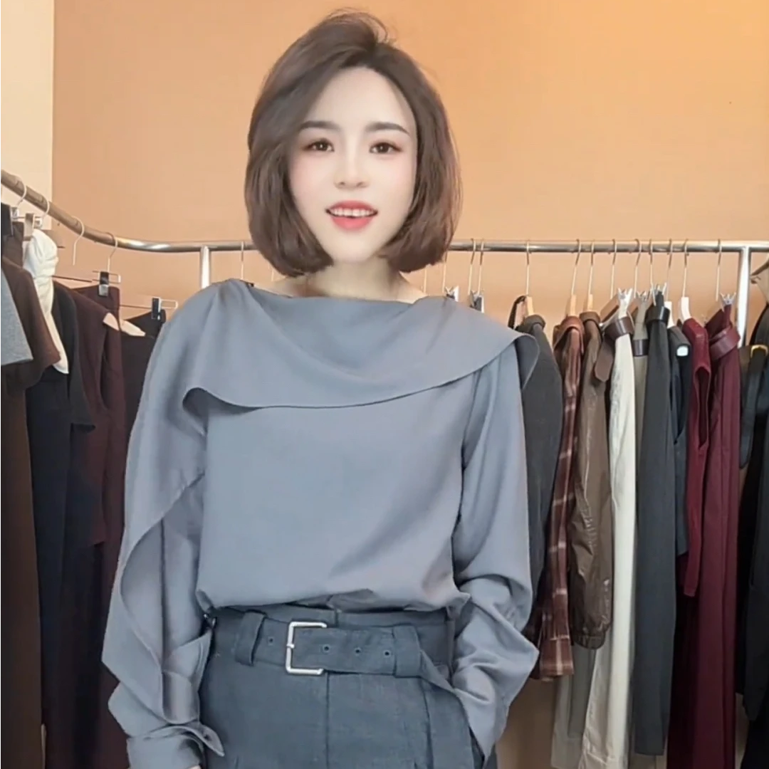 2025早秋新款时尚百搭荷叶领拼接长袖衬衫女设计感气质减龄上衣潮