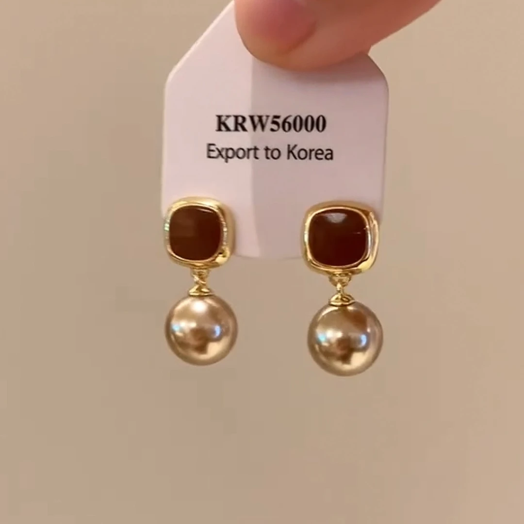 铜合金耳饰 美拉德棕色珠珠耳环复古轻奢气质高级感秋冬百搭耳饰