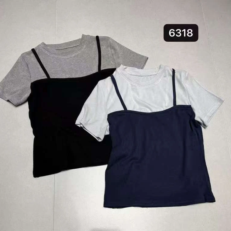 SHUSHU 2025新款撞色假两件短袖T恤