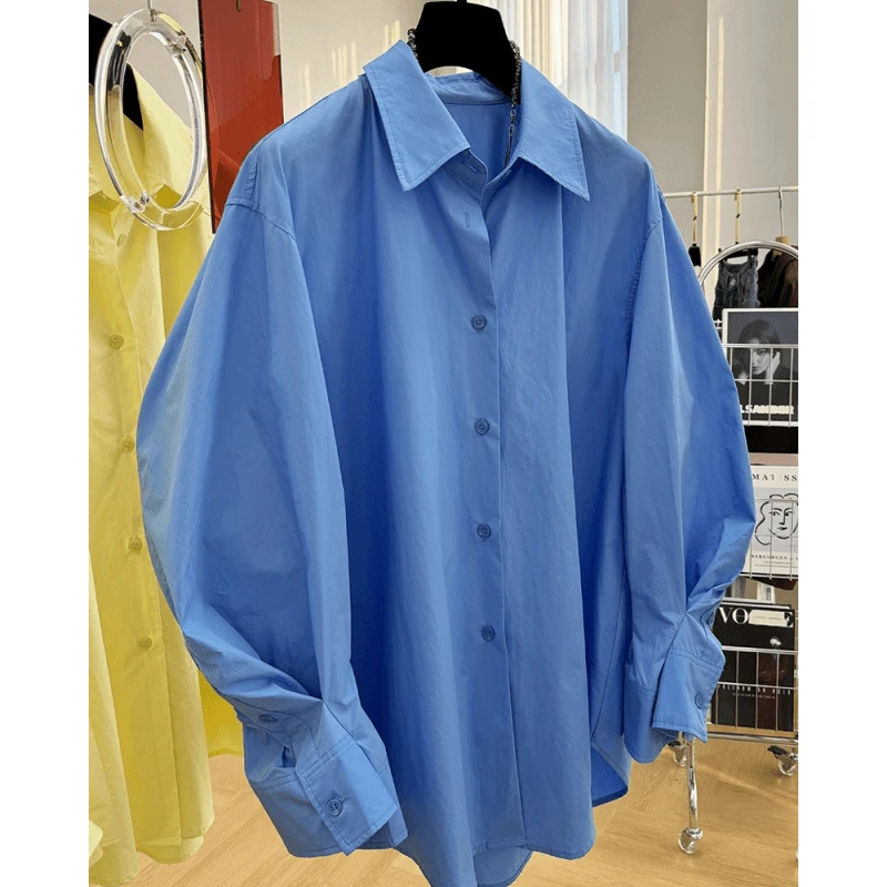 【晴空蓝衫】欧货宽松大版棉布长袖衬衫女春秋别致漂亮高级法式上衣