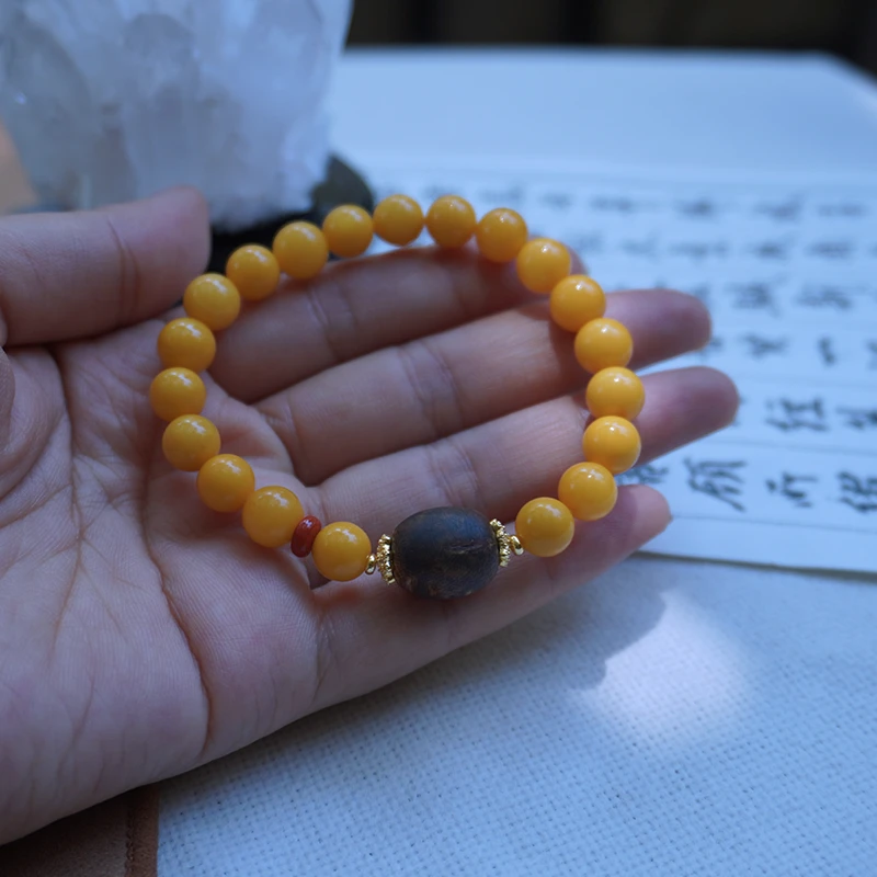 沉香【沉香蜜蜜】天然小白棋99沉鸡油黄蜜蜡7MM手串货头满蜜满蜡