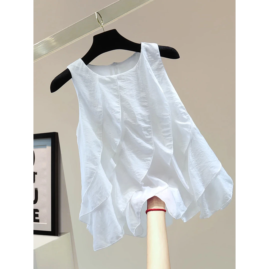 荷叶边拼接圆领套头衬衫2025夏季新款韩版宽松显瘦休闲洋气背心女