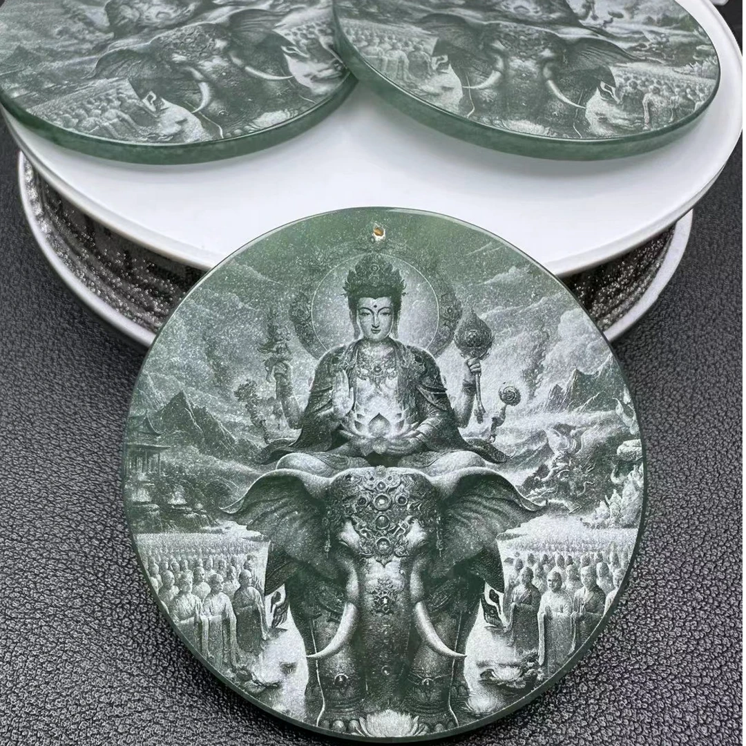 天然翡 翠A货冰种影雕双面雕刻普贤观音守护神吊坠（多样性发其一）