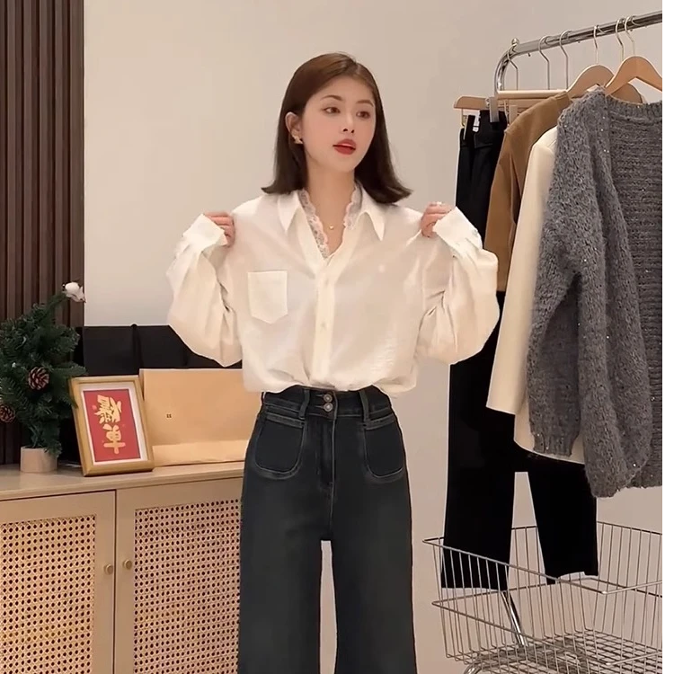 韩系v领拼蕾丝白色长袖衬衫女早秋气质时尚宽松衬衣别致洋气上衣