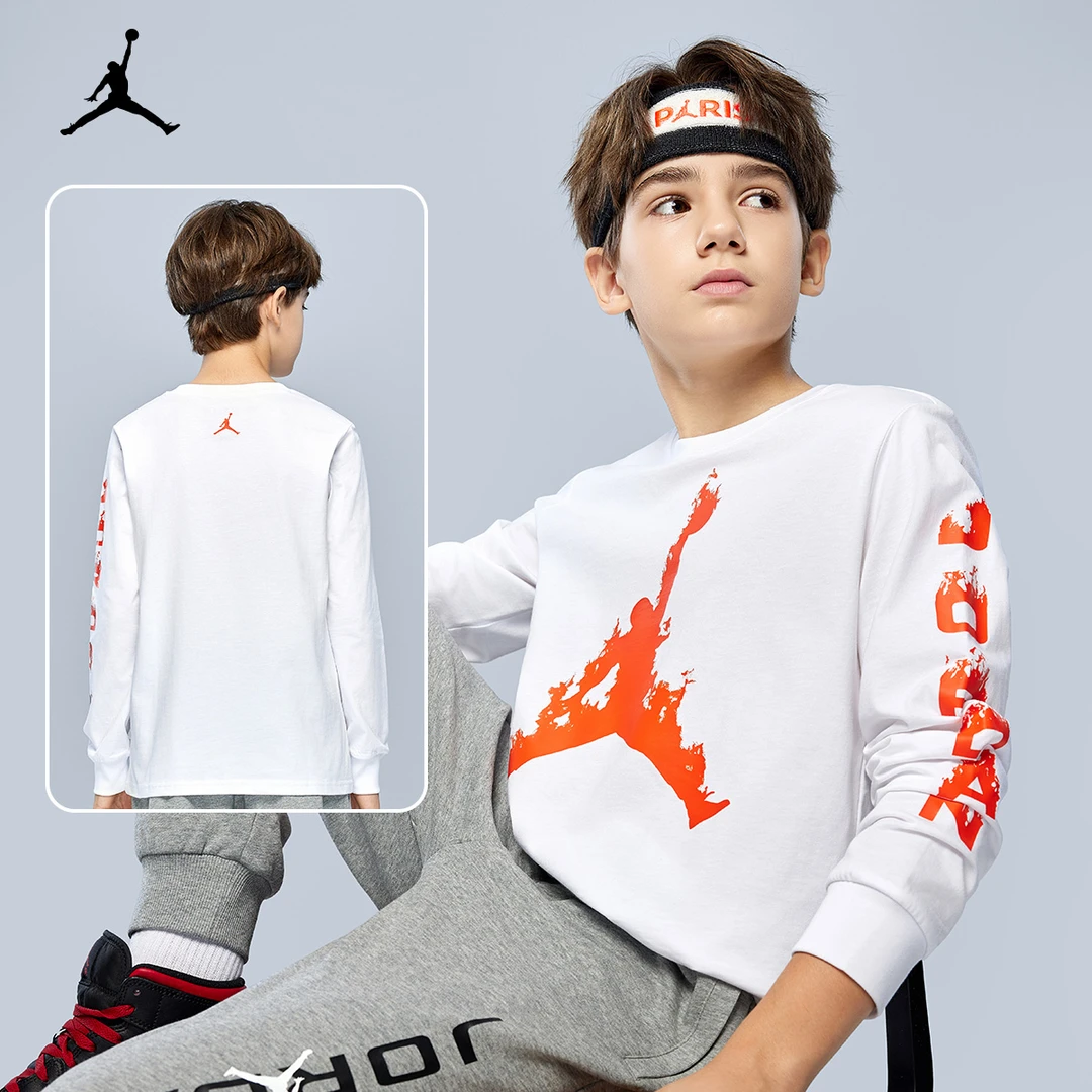 AIR JORDAN儿童童装T恤长袖运动印花圆领打底男女童春秋季D477