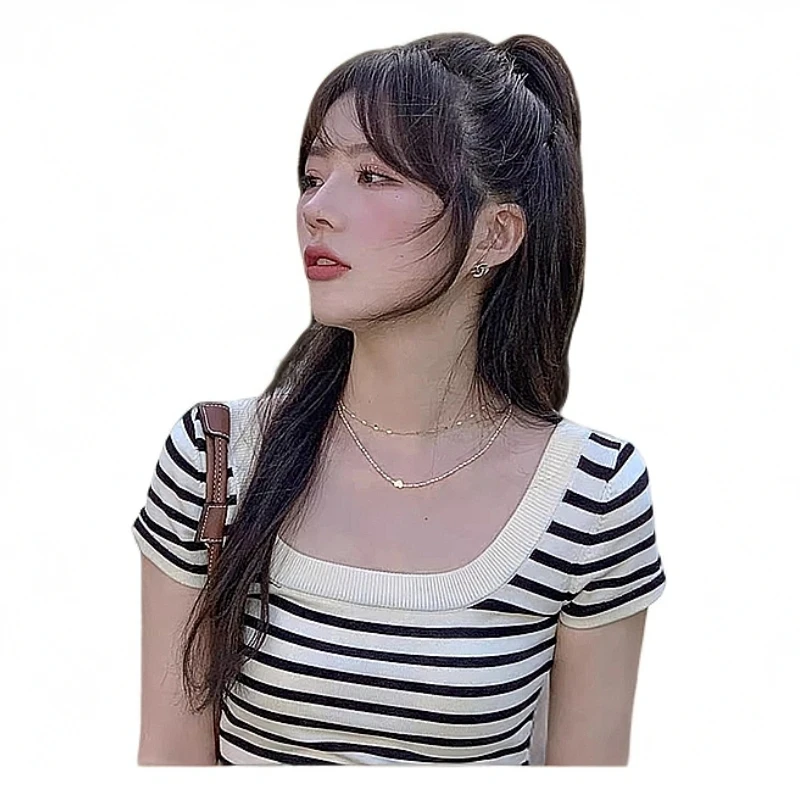 甜辣风条纹针织方领条纹t恤女夏外穿设计感小众修身显瘦短款时尚