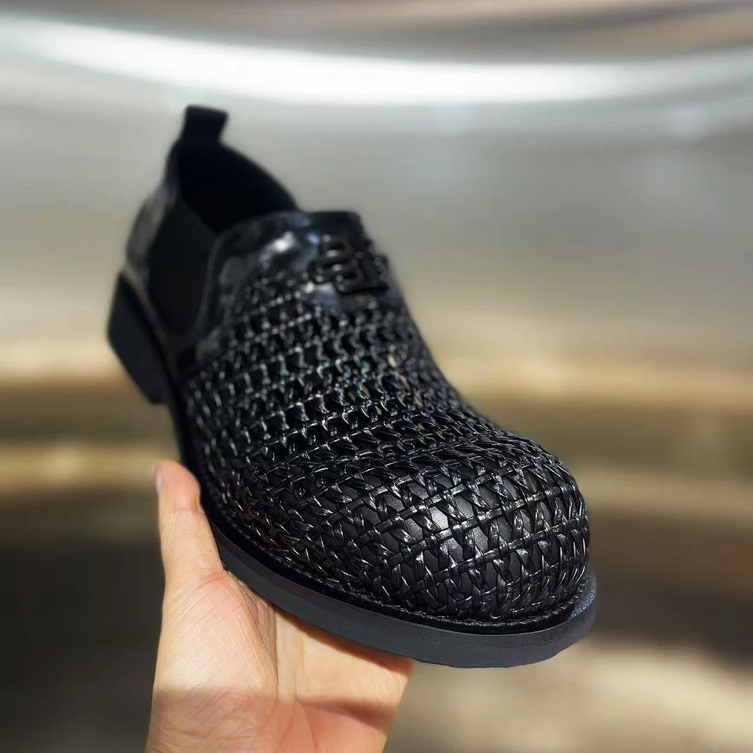 鞋子男纯皮编织大头皮鞋男纯色时尚镂空透气舒适低帮皮鞋男一脚蹬