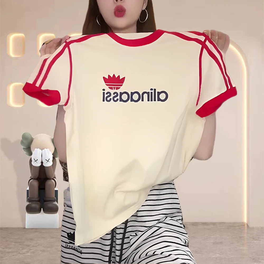 纯棉洋气撞色拉边条夏潮流字母女士休闲T恤短袖女款爆款2025新款