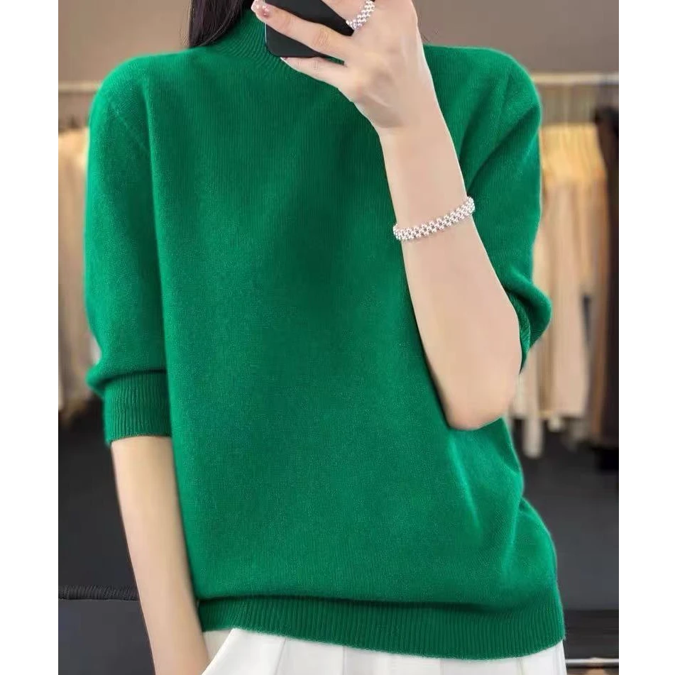 无缝一线成衣女半高领羊毛衫100羊毛打底衫 百搭显瘦短袖