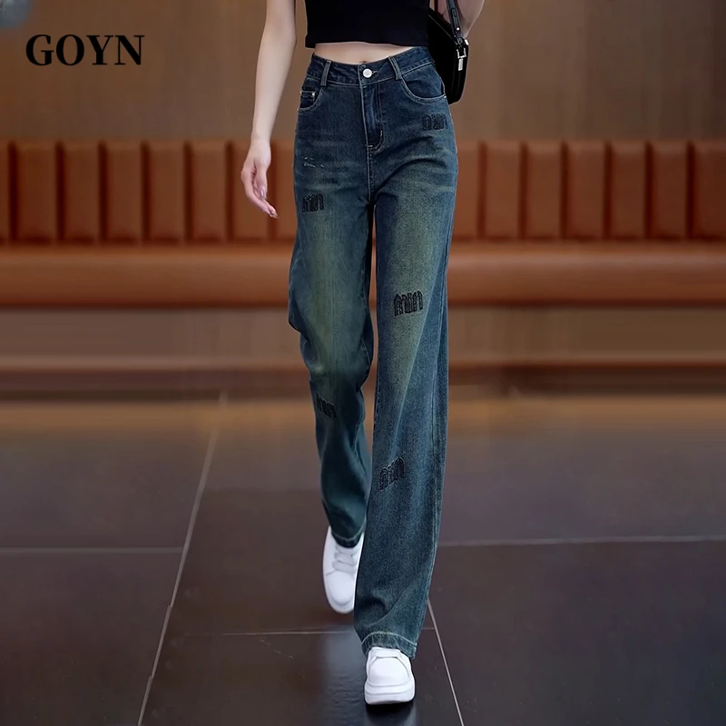 GOYN窄版男装阔腿牛仔裤夏季2025新款男士复古字母刺绣直筒休闲裤