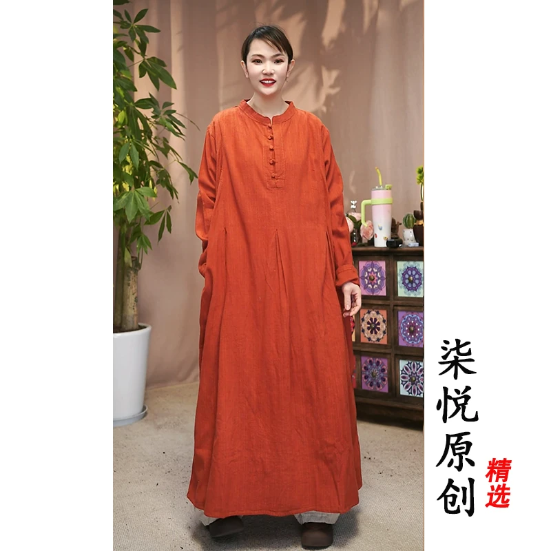 【小柒与麻】复古做旧炒色立领半开襟脏然裙袍衣长120胸围132）