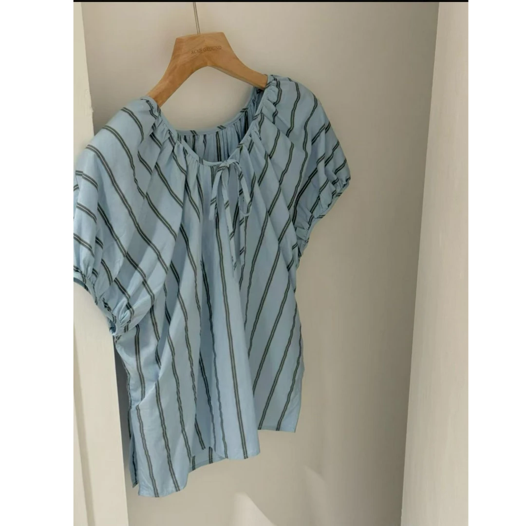 十三行ACME-夏季福秒条纹印花系带半袖衬衫#0819