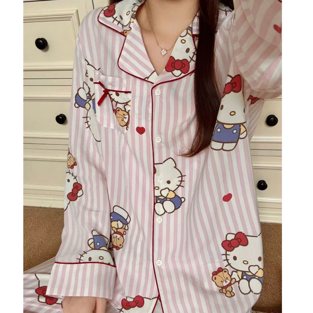 6101大码宽松睡衣女秋季可爱kitty长袖长裤卡通可外穿家居服套装