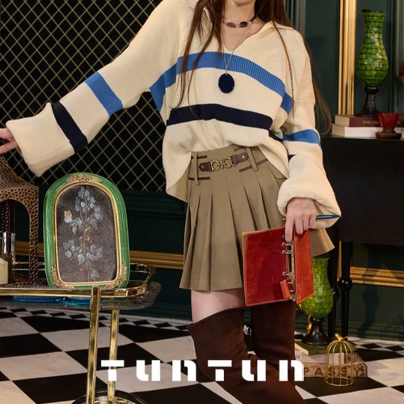 【蓝带微风】航海系列 撞色条纹polo毛衣