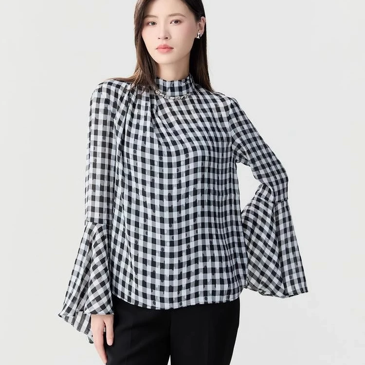 【商场同款】2025新款气质立领荷叶两件套豹纹、黑白格显瘦1301014