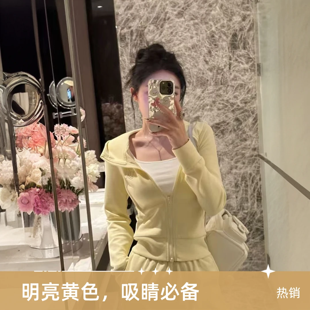 时尚休闲套装女春秋季原创设计黄色连帽拉链外套阔腿裤穿搭一整套