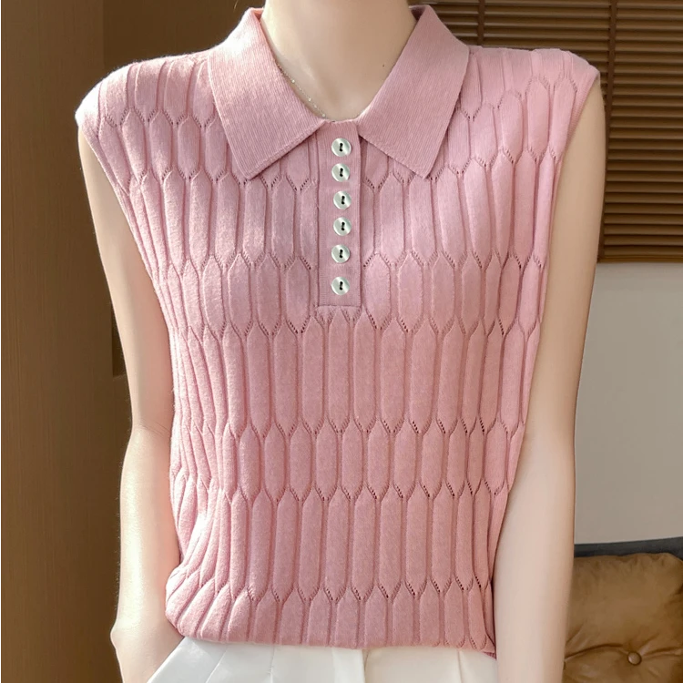 【西绒尔      精纺羊毛】2025新款时尚翻领镂空无袖纯色背心NJR504