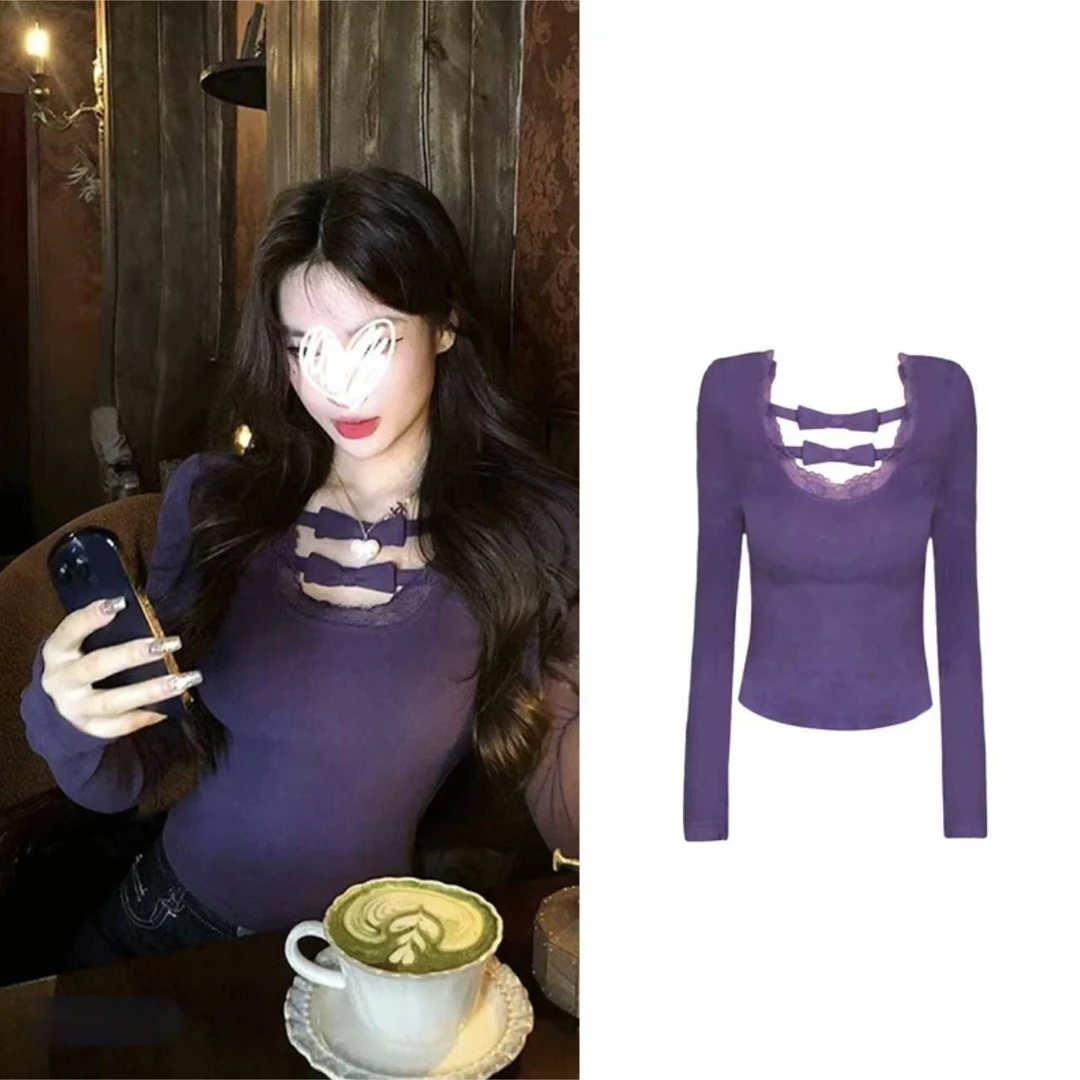 辣妹纯欲紫色T恤蕾丝拼接镂空打底衫2025新春新款上衣