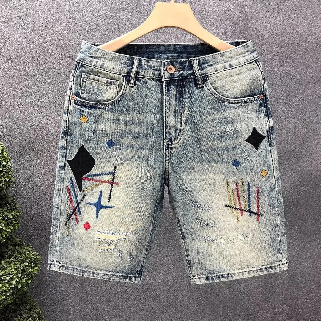 牛仔短裤男五分裤薄款夏季潮牌破洞刺绣青年中裤复古宽松休闲裤子
