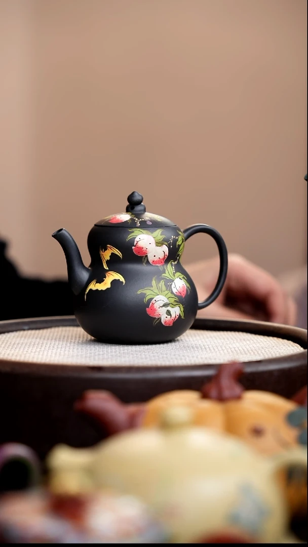 茶壶紫砂云雾天青葫芦壶泥绘桃子