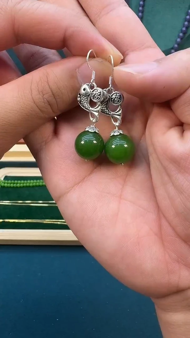 和田玉银S925镶嵌耳饰E10