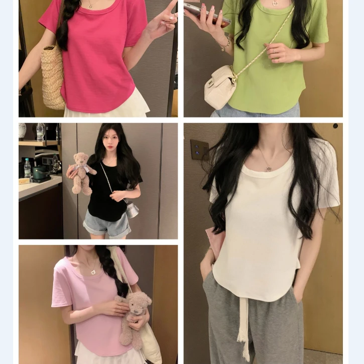 大码女装弧形下摆正肩圆领短袖T恤纯欲打底上衣