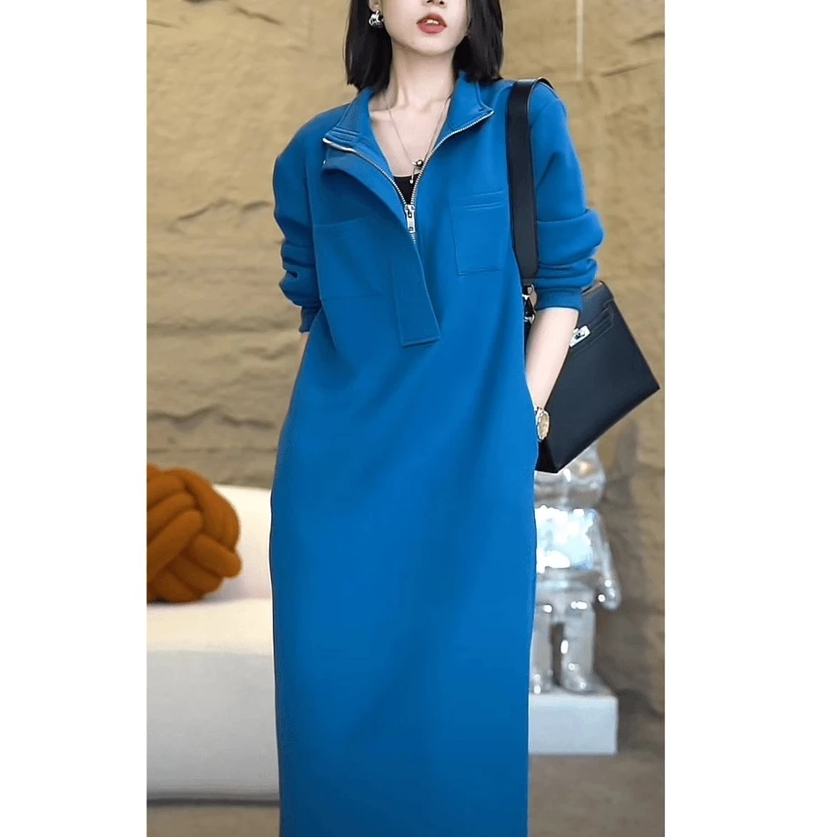 拉夏贝尔轻奢气质高级感长裙子女2025秋季宽松半拉链卫衣连衣裙