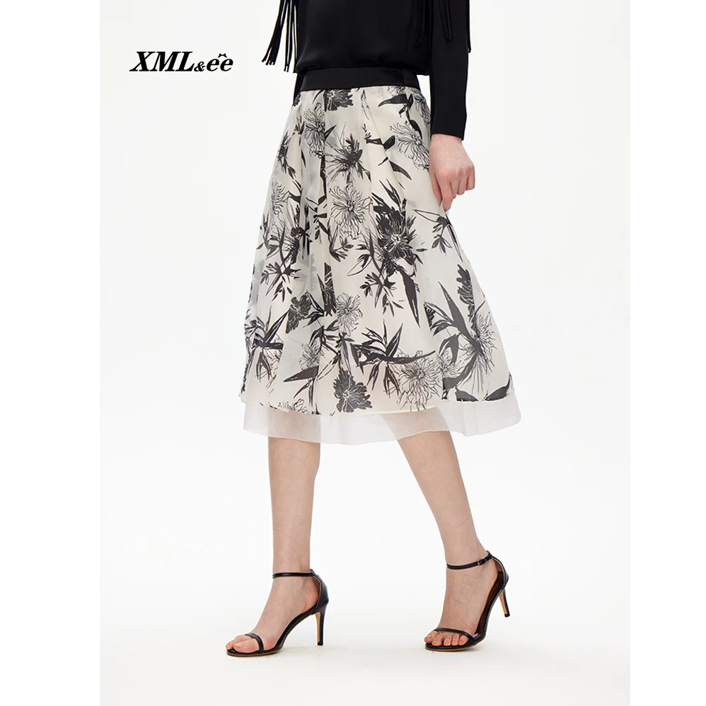 XMLee艾米尔 白底印花桑蚕丝高腰气质半身裙 X423Q4256