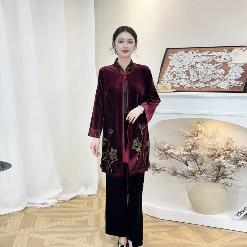 50110高档国风烫钻丝绒外套中年妈妈中长款遮肉显瘦大码立领开衫