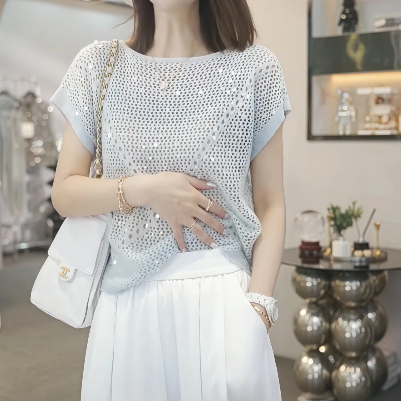 夏日小众绝美重工亮片镂空短袖上衣女时尚洋气百搭减龄针织罩衫潮