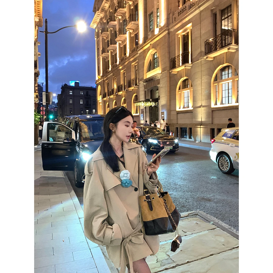 翻领风衣外套女秋季高级感宽松中长款大衣9147