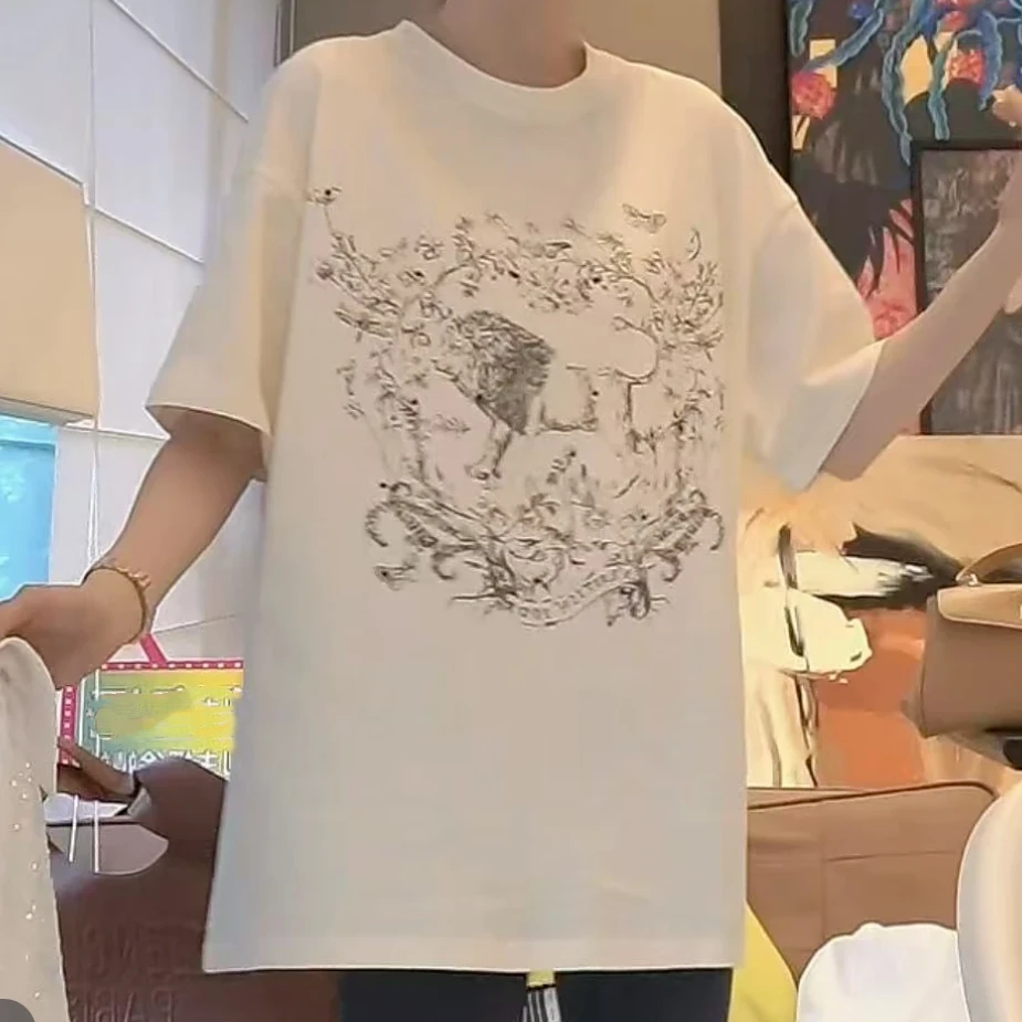 设计感印花宽松短袖T恤女2025新款春夏休闲舒适气质圆领半袖上衣