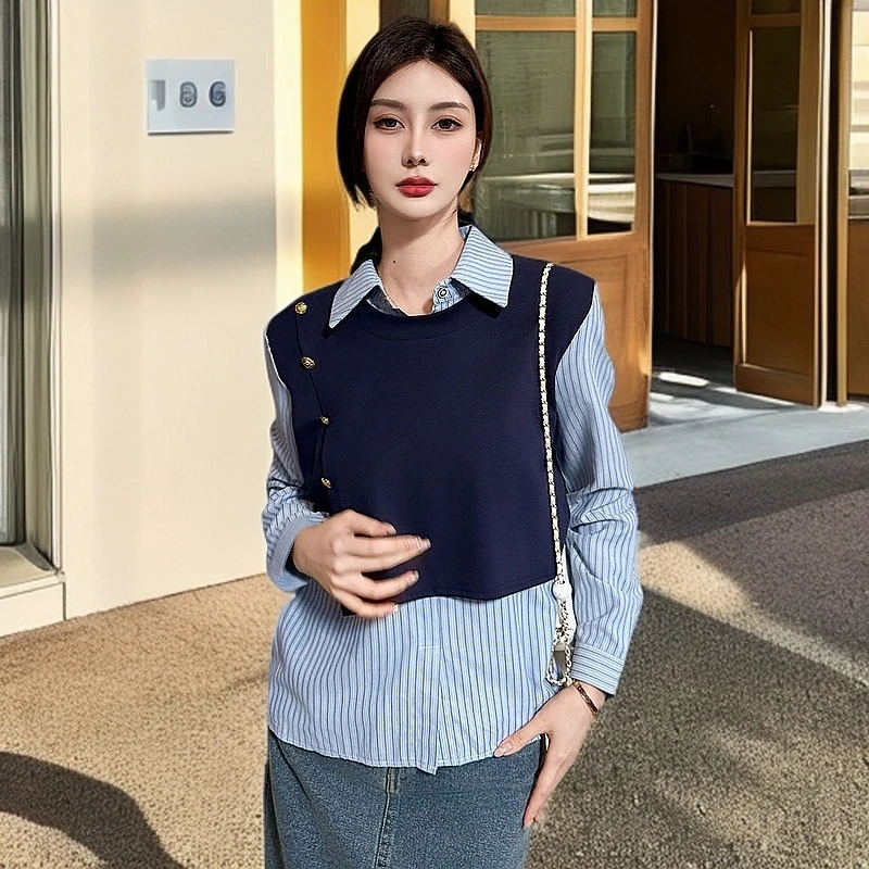 时尚撞色马甲拼接叠穿假两件条纹休闲长袖衬衫上衣女2025秋季新款